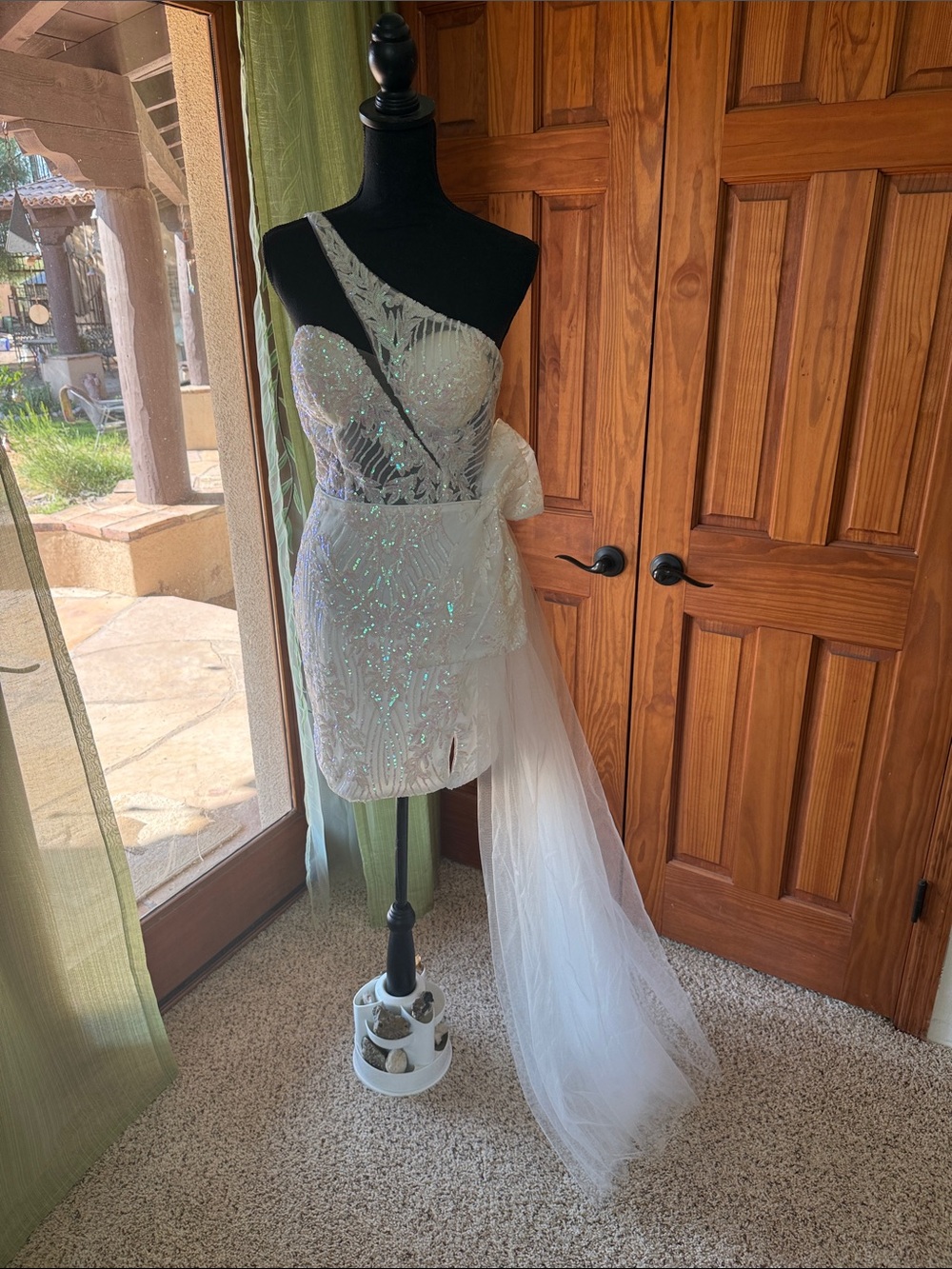 Jovani White Asymmetrical One-Shoulder Mini Dress with Tulle Train